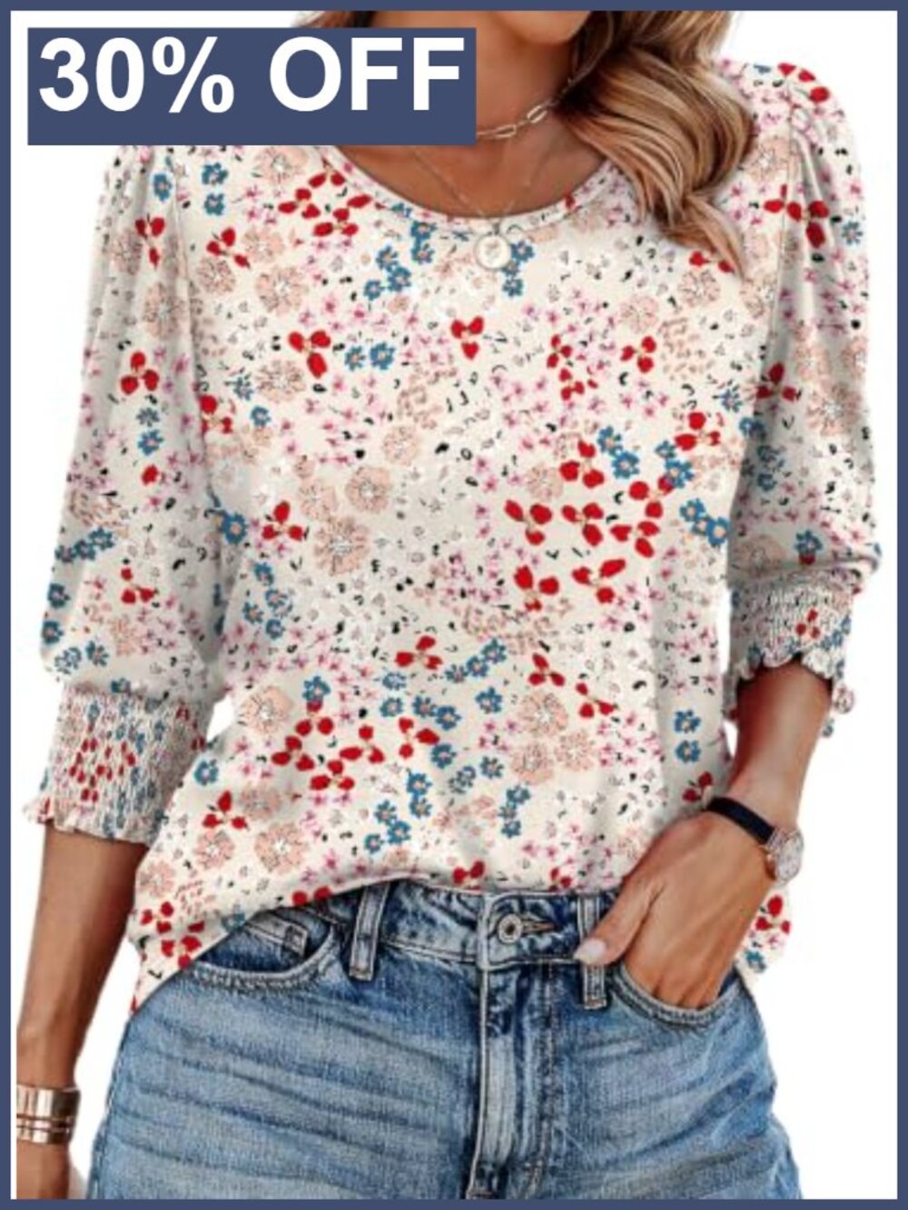 Womens Floral Blouse 3/4 Sleeve Smocked Cuff Dressy Casual Top